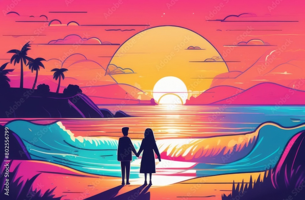 Romantic sunset on the coast with couple holding hands on ocean background