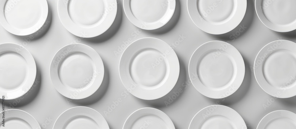 Top view of a group of empty white plates, isolated on a white background with a clipping path included.