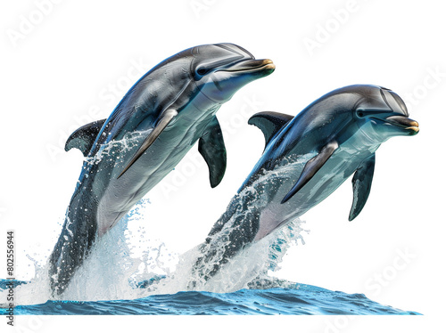 Two dolphins jumping from ocean water isolated on transparent background photo