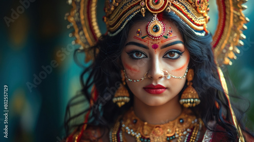 Indian woman in goddess durga costume. © PRASANNAPIX