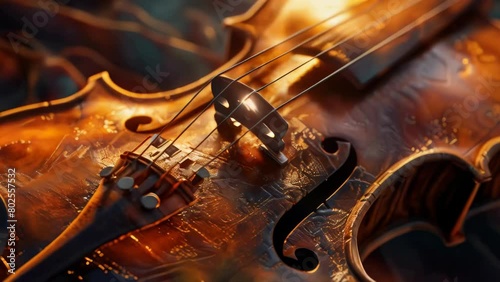 A violin with a gold finish and a dark brown wood grain photo