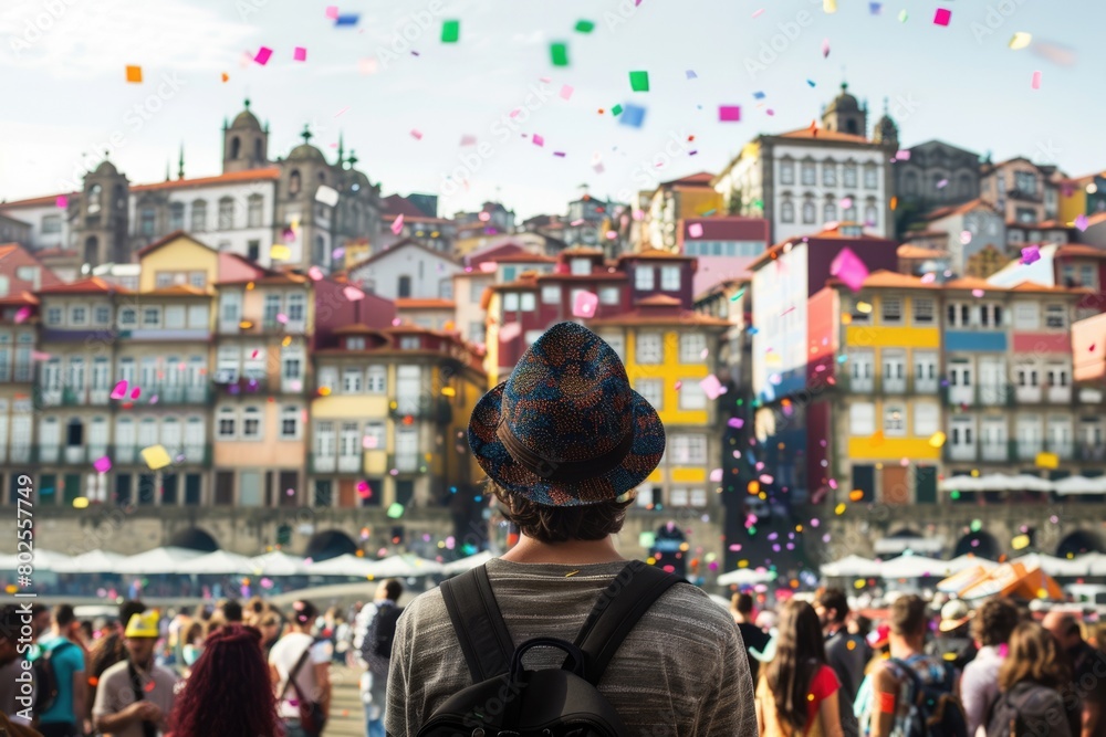 Obraz premium Saintly celebration: st. john baptist birth, san joao do porto porto festival - honoring birth of biblical figure with lively festivities, music, and traditional customs in the vibrant city of Porto.