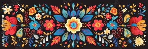 Pattern made of colorful flowers on black background. Mexican traditional folk art ornament. Cinco de Mayo, Day of the Dead. Template with copy space for greeting card, wedding, party invitation
