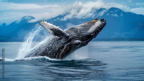 Majestic Humpback Whale Leaping from Ocean Waters with Mountainous Backdrop. Nature Photography. Wildlife Image for Eco-tourism, Posters, and Educational Materials. AI