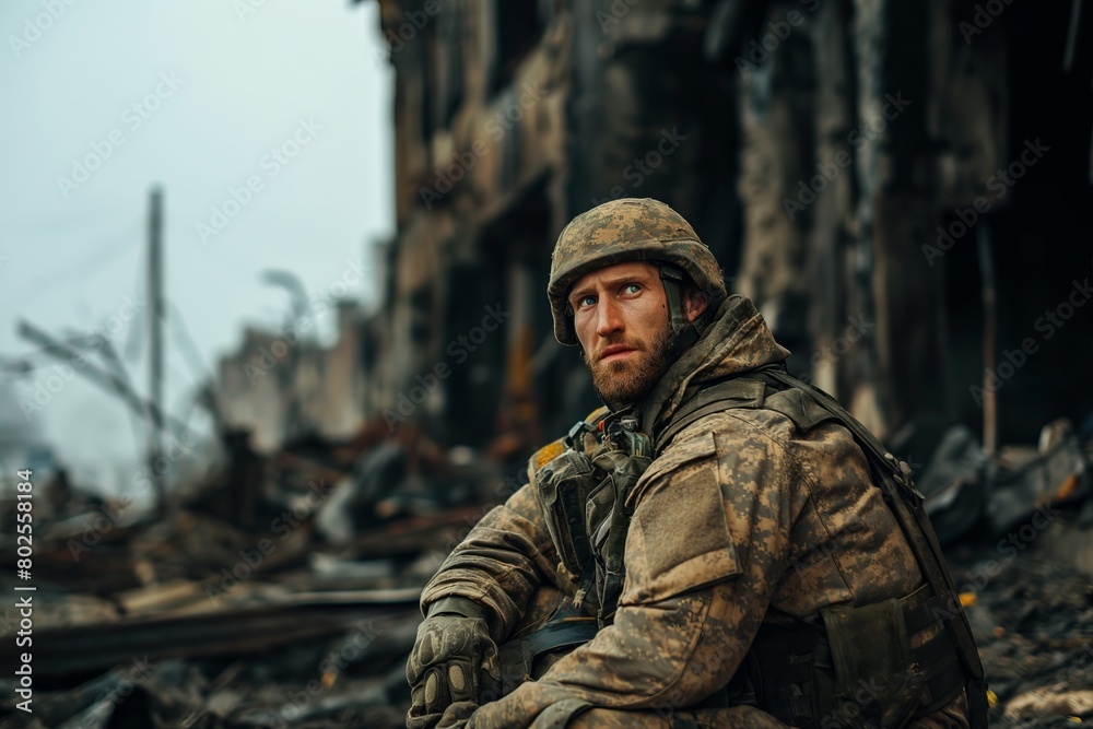 Obraz premium Portrait of soldier looking with regret at the destruction buildings, war 