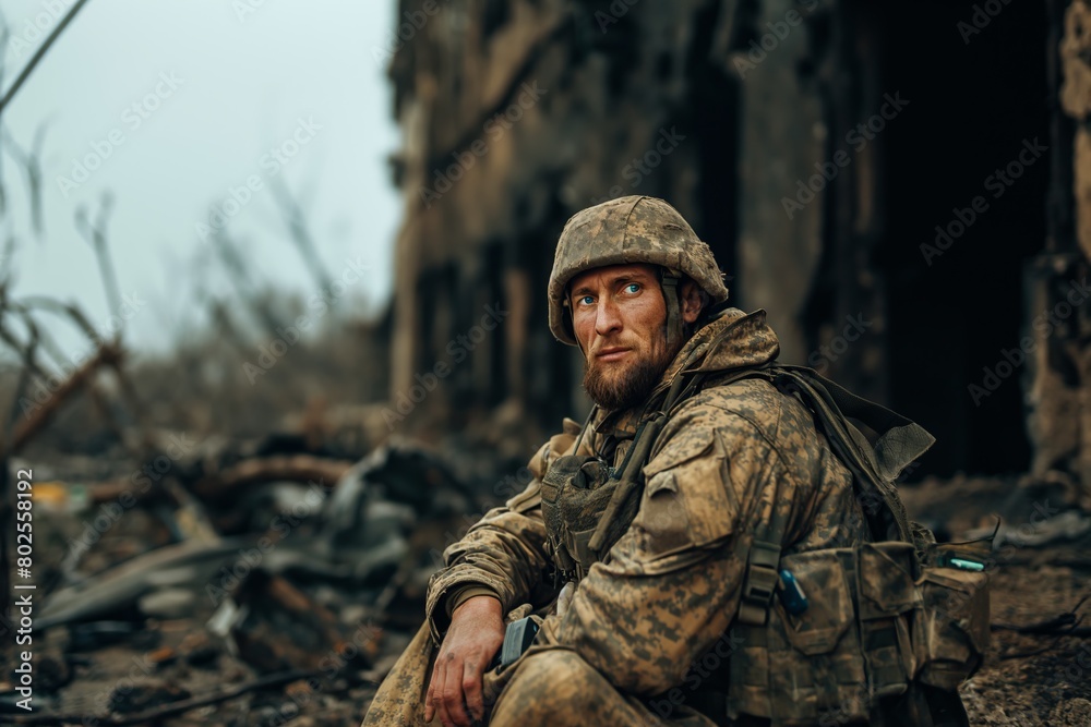 Fototapeta premium Portrait of soldier looking with regret at the destruction buildings, war 