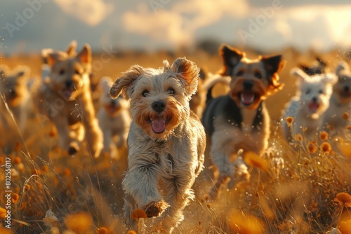 A pack of Canidae running in grassy field of flowers photo