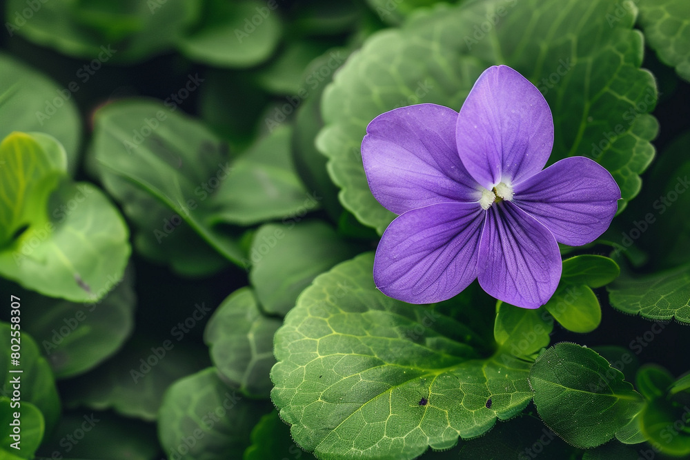 A single delicate violet blossom resting on a bed of green leaves. A single delicate violet blossom resting on a bed of green leaves.