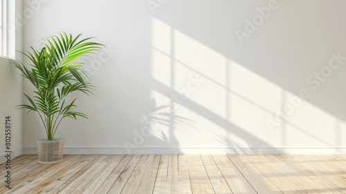 illustration of a room with sunlight with white walls with wooden floors and large windows. Studio or office space. copy space.Ai generated