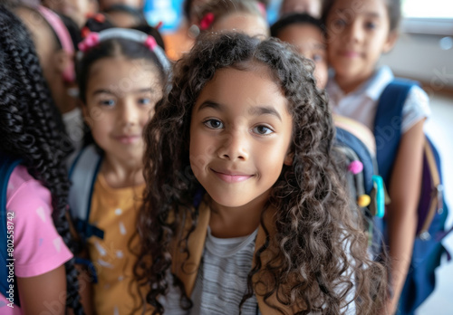 Girl, student and happy portrait with children in primary school or kindergarten for learning education and social interaction. Classmates, learners and diversity on campus for growth and development