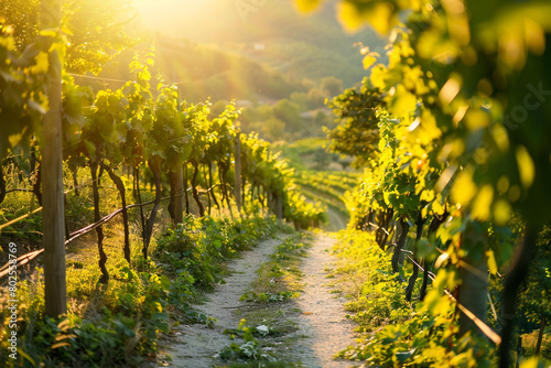 A sunlit pathway winding through a picturesque vineyard.