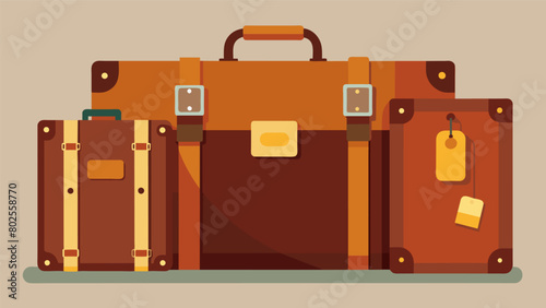 A set of old wooden suitcases with rusty latches and vintage travel tags.. Vector illustration