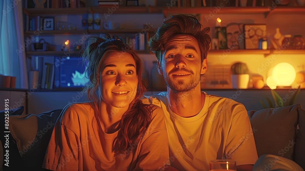 Young Couple Enjoying a Cozy Evening at Home, Lit by Candlelight and Warm Ambient Lights
