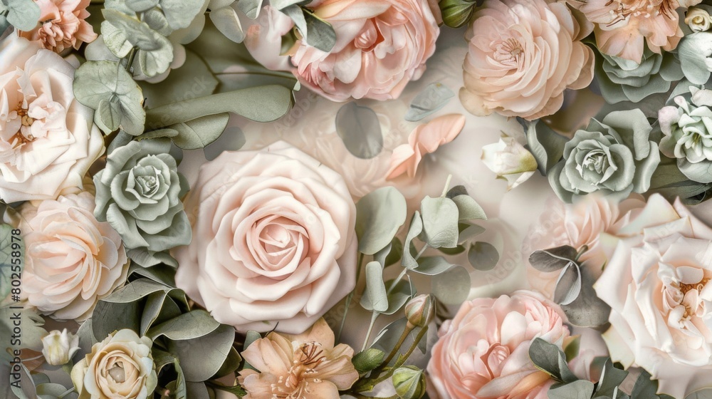 Floral patterns in hues of blush pink and sage green create a romantic texture. Floral patterns in hues of blush pink and sage green create a romantic texture.
