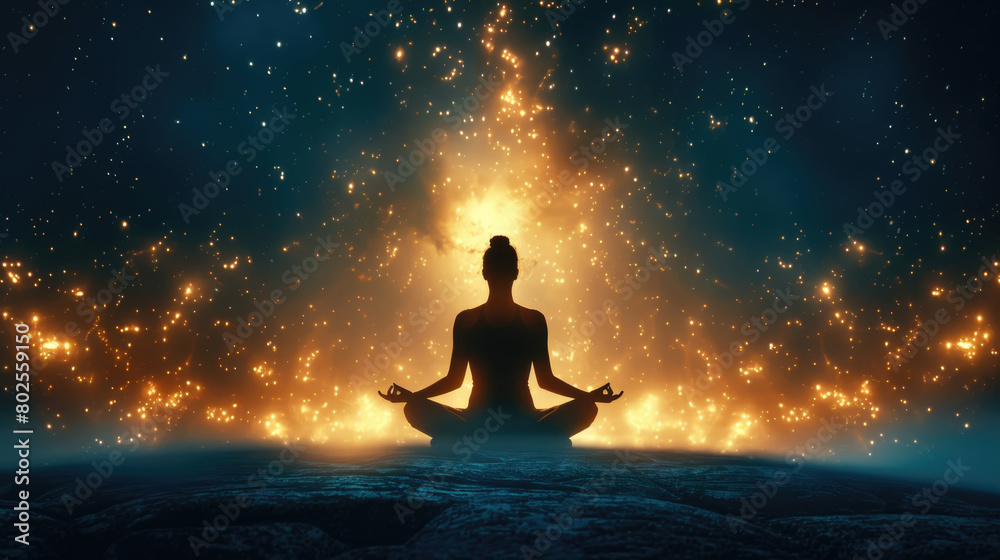 A person sits in a lotus position, gazing at a space filled with stars A person sits in a lotus position, gazing at a space filled with stars