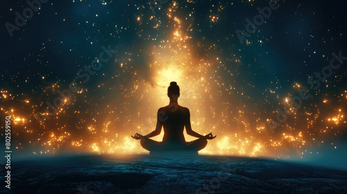A person sits in a lotus position, gazing at a space filled with stars
