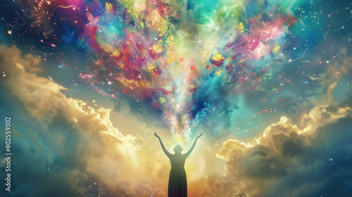 Silhouette of a person with arms raised high, basking in the multicolored cosmic lights above photo