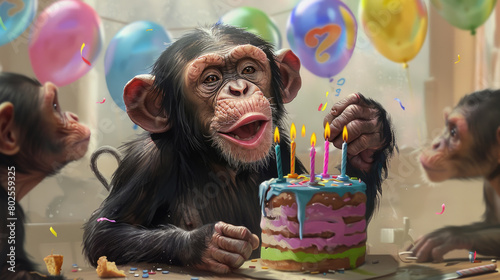 Several monkeys are gathered around a birthday cake, sitting upright and observing the cake with curiosity photo