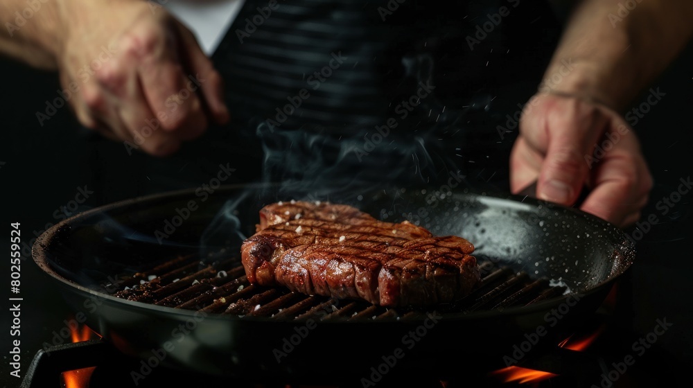 Illustration Cooking meat steaks on the grill with chef's hands, restaurant atmosphere on a black background. Ai generated