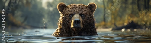 A large, wet grizzly bear emerges from a river, its fur matted and dripping photo