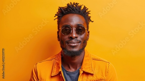 Handsome African Man in Sunglasses Smiling Against a Bright Orange Background