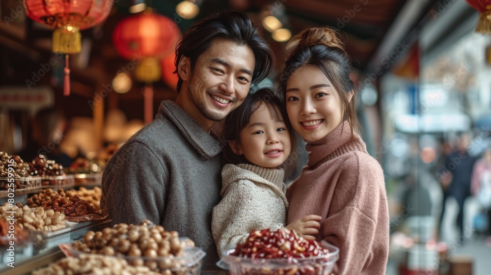 Happy Asian Family Shopping in a Lively Market During Chinese New Year