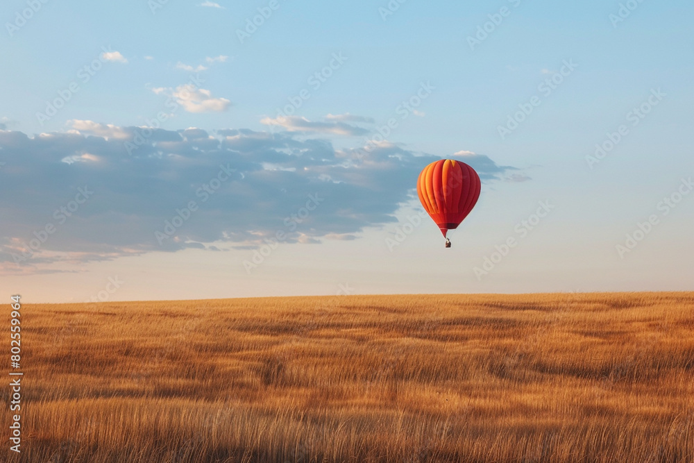 Fototapeta premium A single balloon soaring above a field of golden wheat, capturing the essence of harvest season.