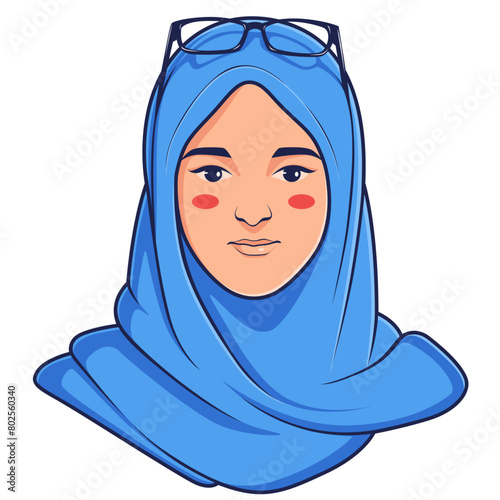 illustration of a beautiful Muslim woman with a blue hijab and glasses on her head