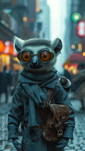 A cartoon character wearing glasses and a scarf is walking down a city street photo