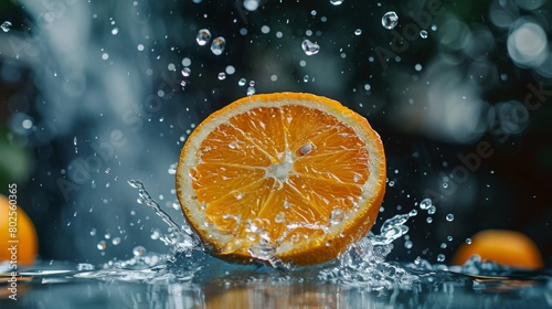 A slice of orange is in the water  with water droplets surrounding it