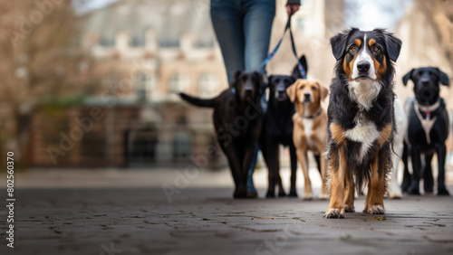 Dog walkers in a City street with a group of different breed dogs photo