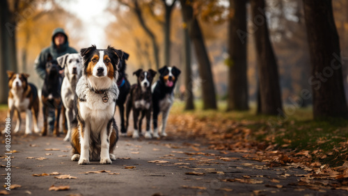 Dog walkers with a group of different breed dogs photo