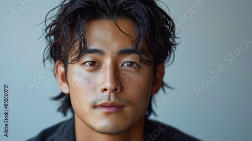 Intense Portrait of Young Asian Man with Natural Glowing Skin and Modern Hairstyle