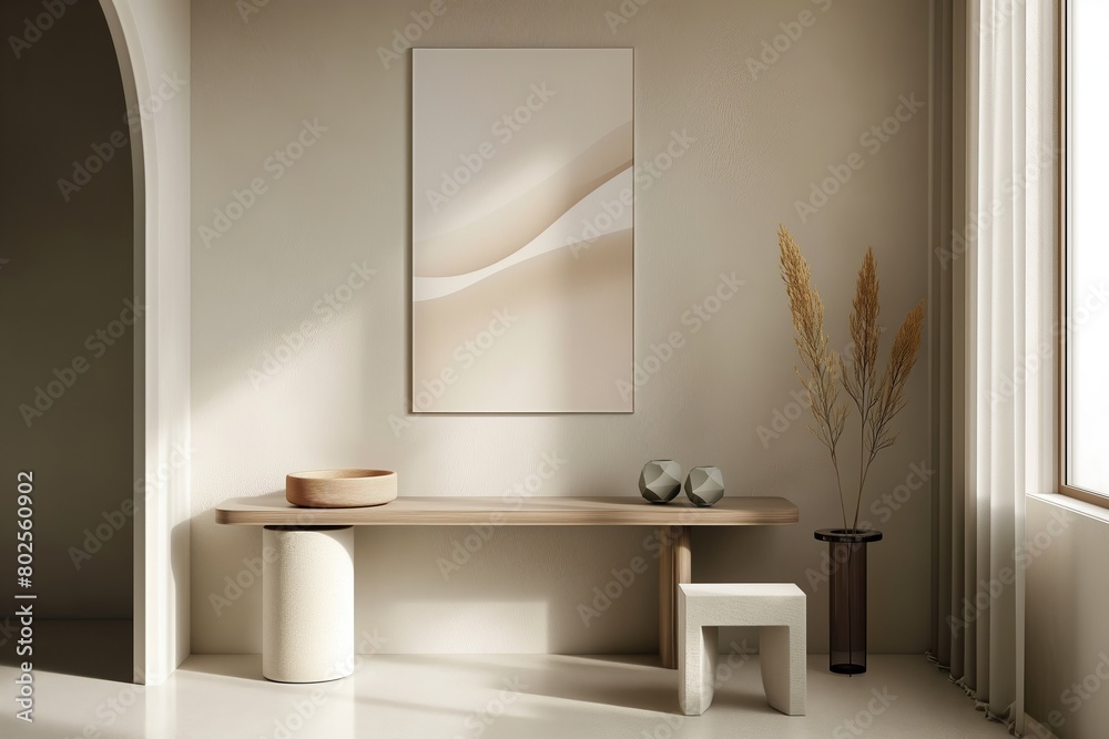 A white room with a large picture on the wall and a small table with a vase A white room with a large picture on the wall and a small table with a vase