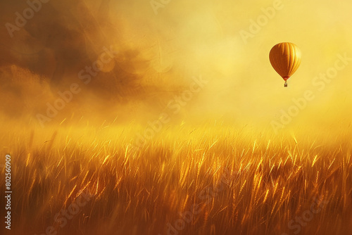 A single balloon soaring above a field of golden wheat, capturing the essence of harvest season.