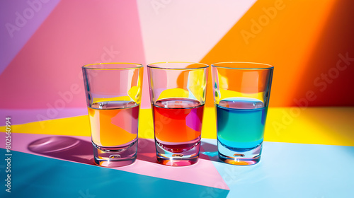 three shot glasses filled with different colored liquids, arranged on a surface with a colorful geometric pattern photo
