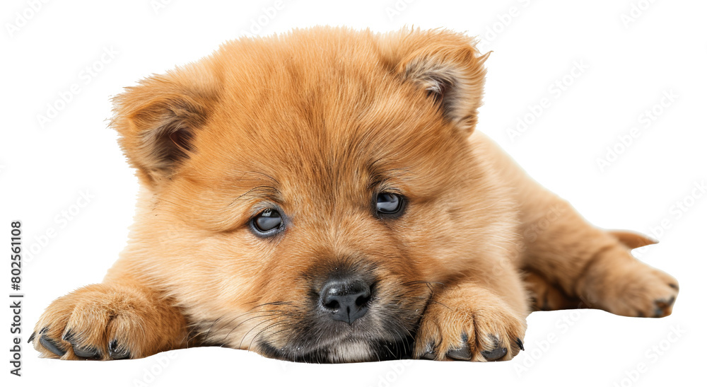 Adorable brown puppy lying down isolated on transparent background