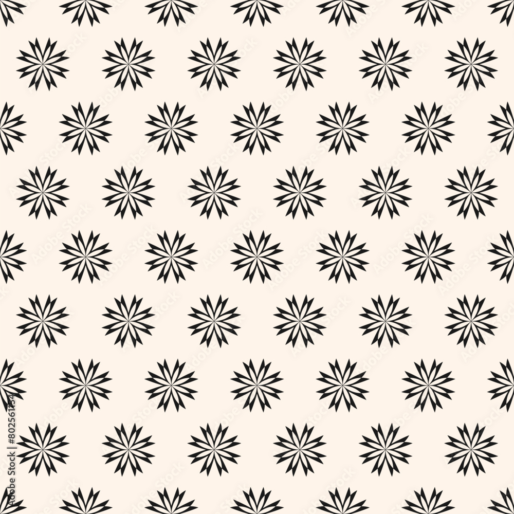 Simple black and white abstract floral seamless pattern. Minimal vector texture with small geometric flower silhouettes. Elegant monochrome background. Repeated geo design for decor, textile, package Simple black and white abstract floral seamless pattern. Minimal vector texture with small geometric flower silhouettes. Elegant monochrome background. Repeated geo design for decor, textile, package