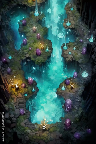 DnD Battlemap crystals, underground, cavern, glowing, garden, crystal garden