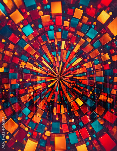 Circular symmetrical geometric pattern  mosaic style in bright colors such as yellow  opaque orange  stained glass blue  red and bokeh in the inner part of the background  banner copy space backdrop