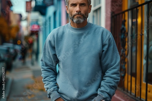 Man with blue sweatshirt and beard standing on city street