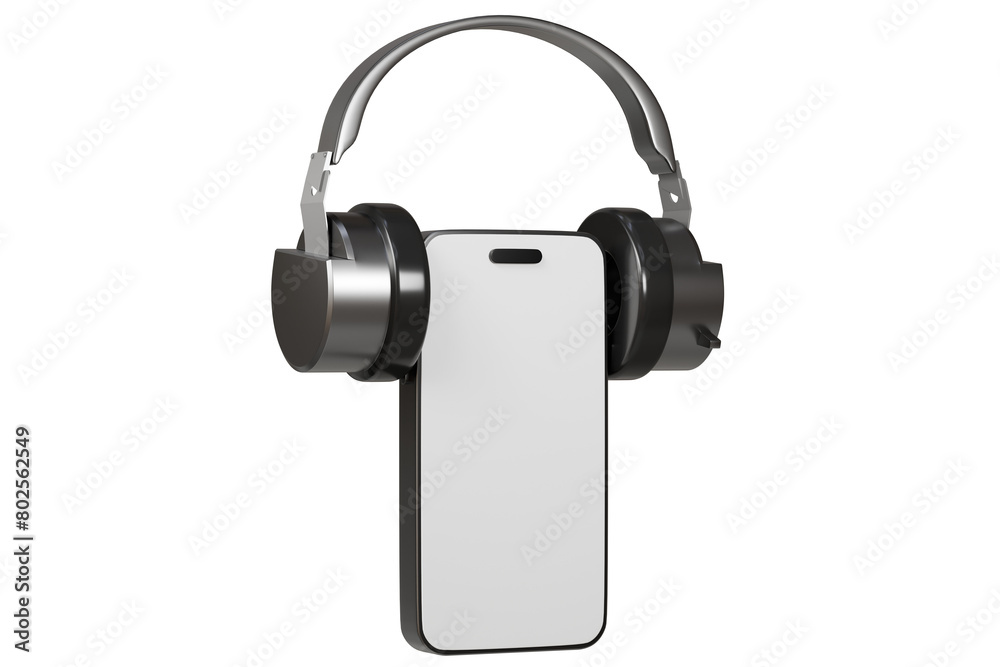 3d Headphone with smartphone icon isolated on white background. Minimal headphone with mobile phone icon creative design. 3d render.
