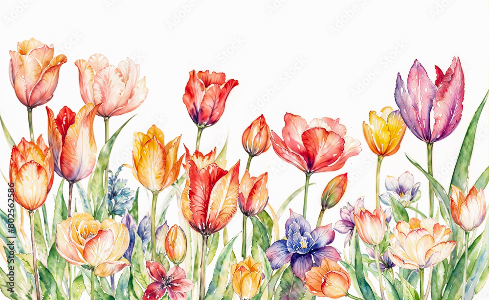Colorful tulips illustration on white background, 3d realistic style, wedding invitation. Generative ai