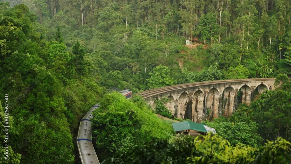 Train crosses Nine Arch Bridge in Ella, Sri Lanka, amid lush greenery ...