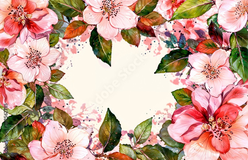 Realistic illustration of cherry blossom frame design, wedding invitation. Generative ai