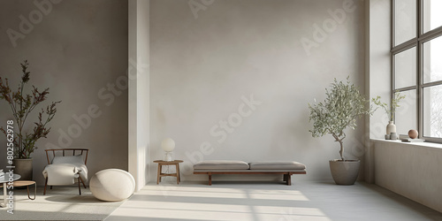 A white room with a couch and a chair, and a potted plant