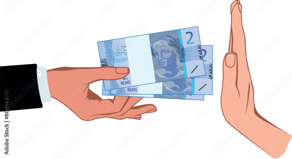 A mão de um indivíduo é mostrada rejeitando uma nota de 2 reais, indicando discernimento e prudência financeira