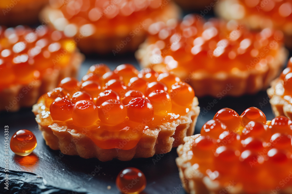 Wooden Tray With Small Cakes Covered in Red Caviar