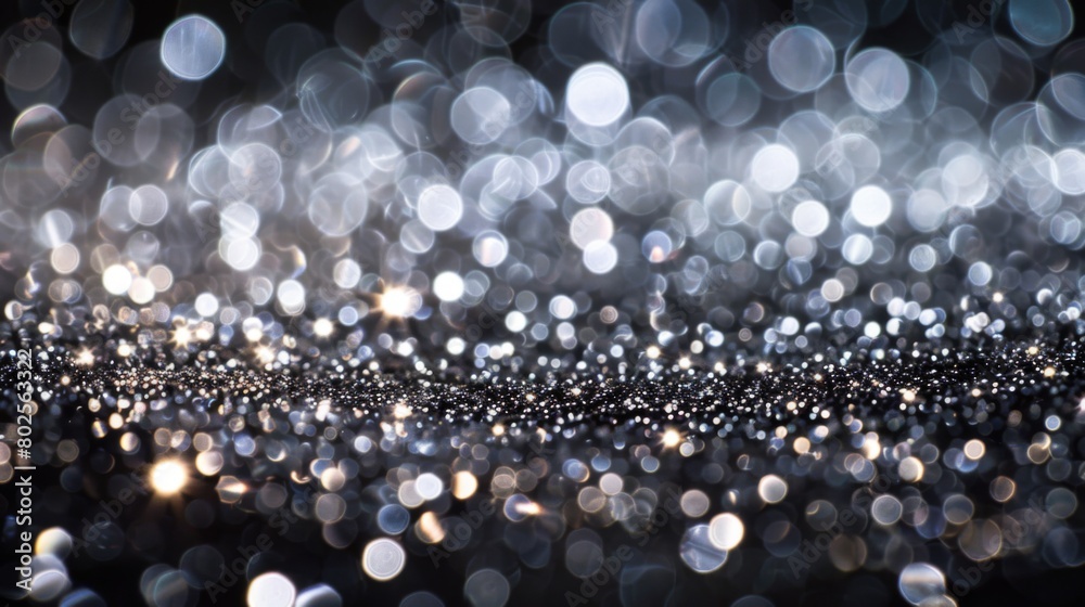 Shimmering silver sparkles on a dark background create a mesmerizing texture. Shimmering silver sparkles on a dark background create a mesmerizing texture.