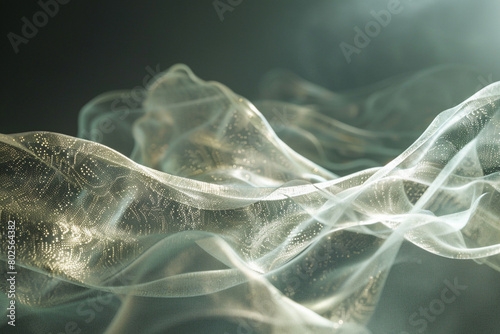 A shimmering, transparent thread stretches across a invisible surface, its delicate, swirling patterns and soft, ethereal glow creating a sense of depth.